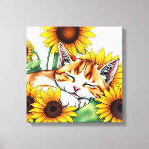 Toile Joli petit chaton endormi et tournesols
