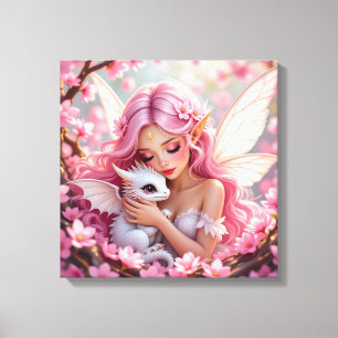 Toile Jolie Fée Elfe Rose et Dragon