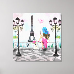 Toile Jolie femme et ballon de coeur rose - I Love Paris