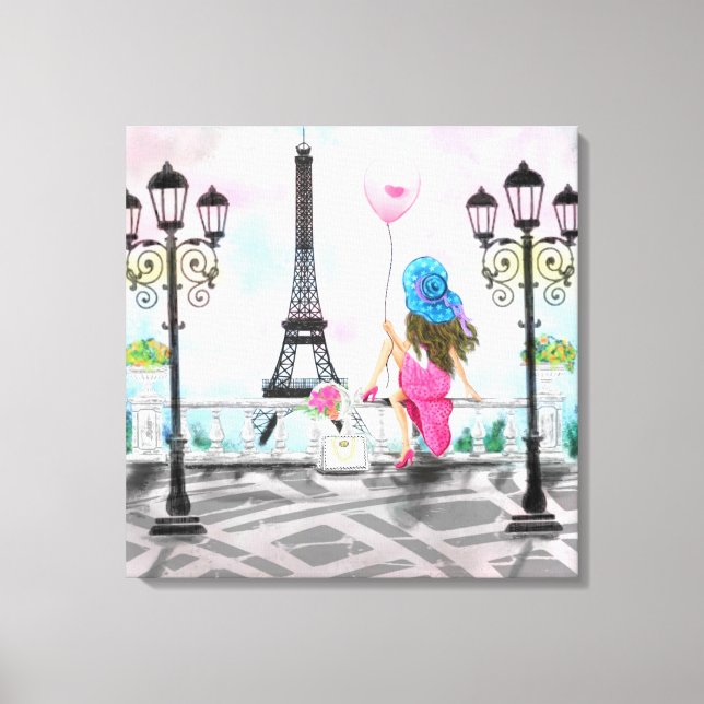 Toile Jolie femme et ballon de coeur rose - I Love Paris (Recto)