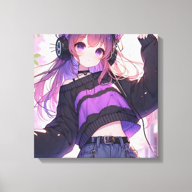 Toile Jolie fille Anime dans casque avec oreilles de cha (Recto)