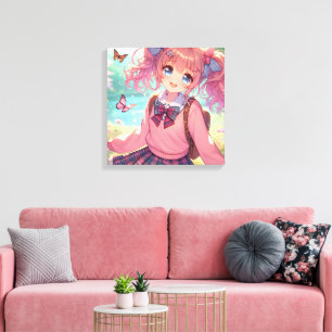 Toile Jolie fille Anime en Pigtails Roses