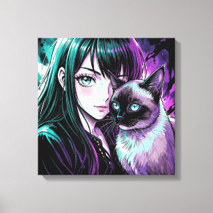 Toile Jolie Fille d'Anime et Chat Siamois