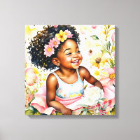 Jolie petite fille en Fleurs roses Aquarelle Art