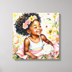 Toile Jolie petite fille en Fleurs roses Aquarelle Art