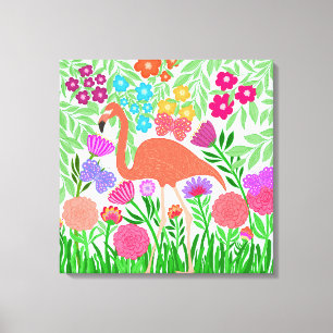 Toile Jolies fleurs de Flamant rose et papillons
