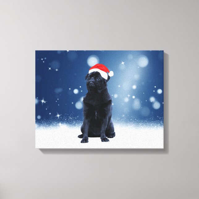 Toile Jote Chien Carlin noir Noël Santa Hat Étoiles de n (Recto)
