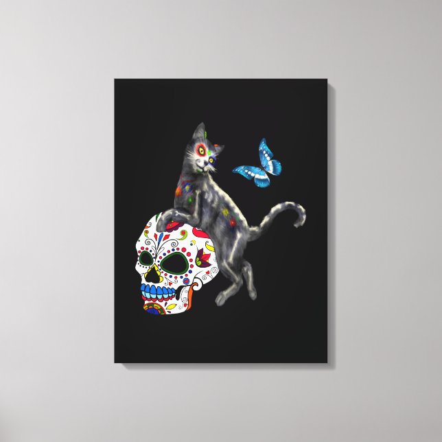 Toile Jour De La Morte Chat Crâne Sucre Et Papillon (Recto)