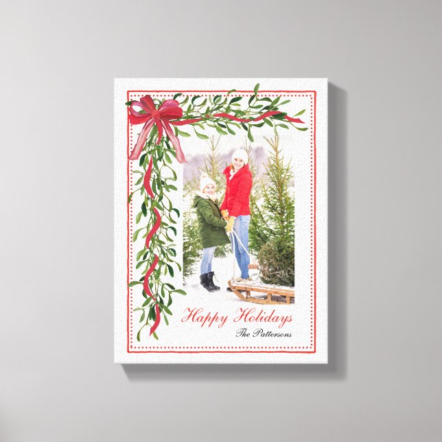 Toile Joyeuses vacances Mistletoe Red Bow Family Photo (Recto)