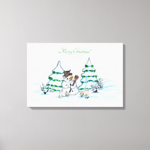 Toile Joyeux Noël ! Snowman avec chat et chiot
