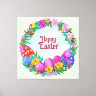 Toile Joyeux Oeufs de Pâques Fleur Wreath