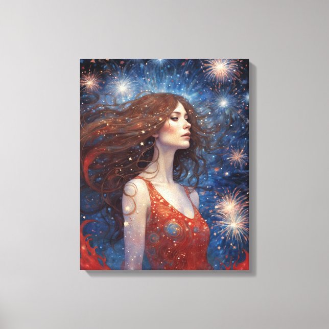 Toile Juillet Feu d'artifice femme en robe rouge 4e (Recto)