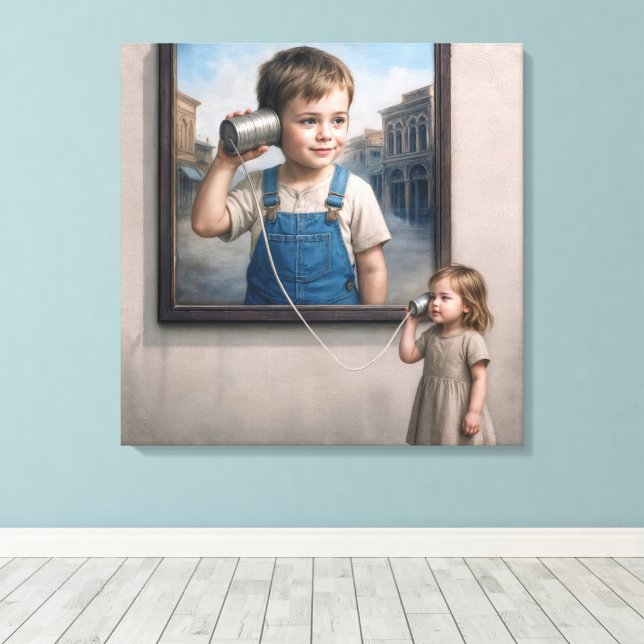 Toile Kids Talking On a Retro Tin Can Telephone (Insitu (Plancher de Bois))