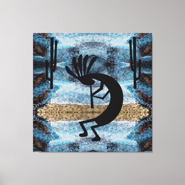 Toile Kokopelli Sud-Ouest Désert Mosaïque Bleu 40 x 40 (Recto)