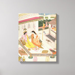 Toile Krishna et Radha sur un lit dans un palais mogul,