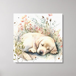 Toile Labrador Retriever Golden à l'aquarelle et fleurs