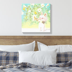 Toile Lapin bébé trompettiste avec oiseau dans un jardin