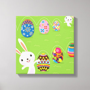 Toile Lapin de Pâques jouant avec des oeufs peints