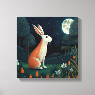 Toile Lapin orange et blanc au clair de lune