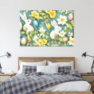 Toile lapins, fleurs de printemps et oeufs de Pâques. Pe