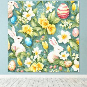 Toile lapins, fleurs de printemps et oeufs de Pâques. Pe