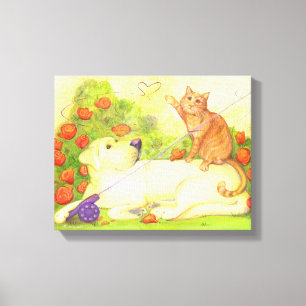 Toile Le chien et le chat de pêche/ont enveloppé la