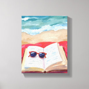 Toile Lecture sur la plage Peinture aquarelle Vagues o