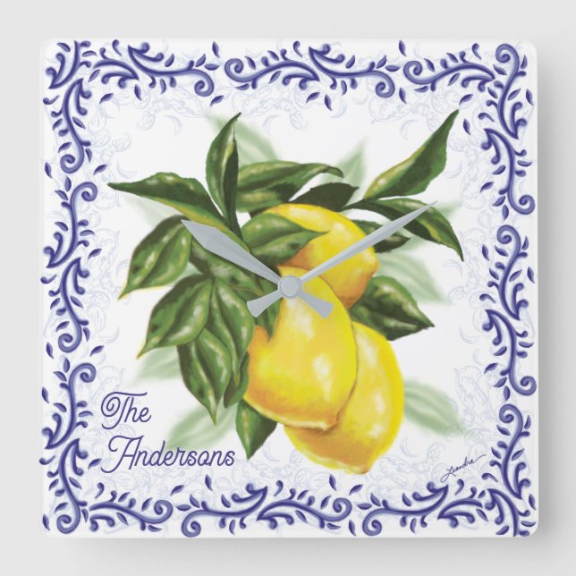 Toile Lemons Clock Quadratische Wanduhr (Vorderseite)