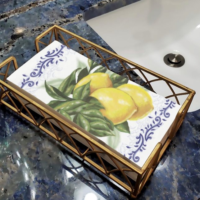 Toile Lemons Serviette (White Guest Napkins with Lemons and a Blue Toile Border in a gold napkin holder)