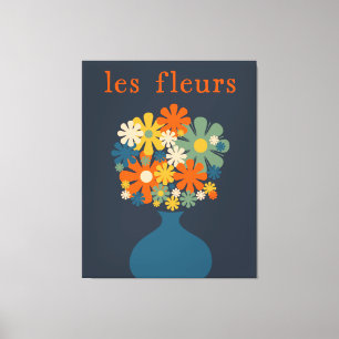 Toile Les Fleurs Retro Flowers en Vase Blue Orange