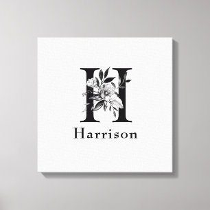 Toile Lettre H floral gris et noir