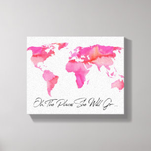 Toile Lieux Où Elle Va Citer Aquarelle Rose Carte Mondia