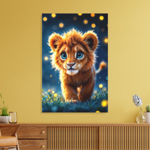 Toile Lion aux yeux bleus enchanté dans lueur de luciole