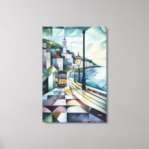 Toile Lisbonne Skyline Géométrique Abstraite avec Tramwa