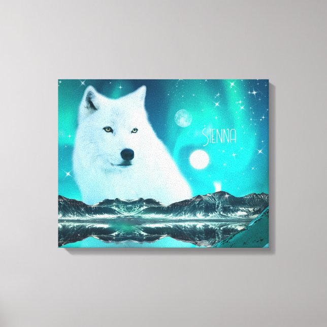 Toile Loup arctique et nuit magique avec aurores boréale (Recto)