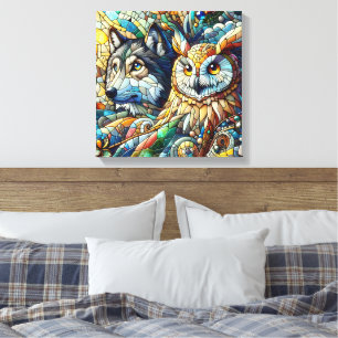 Toile Loup et Hibou en Carreaux de Mosaïque