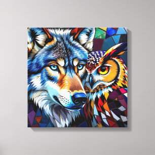 Toile Loup et Hibou Vibrants et Colorés