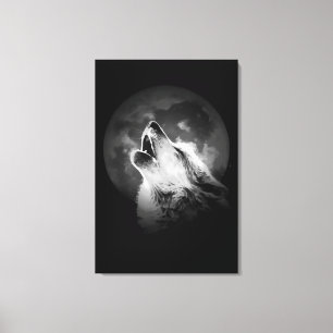 Toile Loup hurlant noir et blanc & Lune