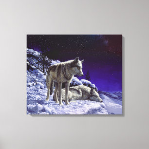 Toile Loups gris dans la neige hivernale la nuit