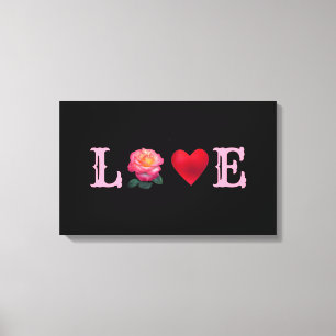 Toile Love Coeur et Fleur Rose sur Noir