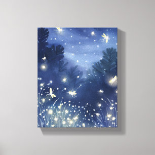 Toile Lucioles la Nuit   Aquarelle Bleue de Luciole