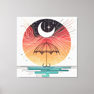 Toile Lune reposant sur un parapluie avec pluie d'étoile