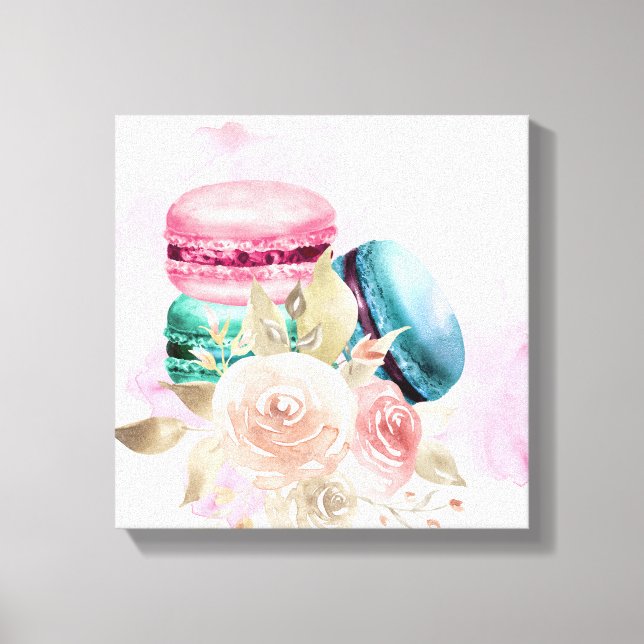 Toile Macarons et fleurs colorés Aquarelle (Recto)