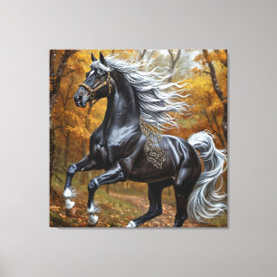 Toile Magnifique cheval noir dans une forêt automnale
