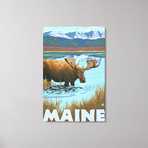 Toile MaineMoose buvant dans le lac