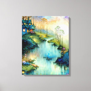 Toile Maison aquarelle près de la rivière Poster