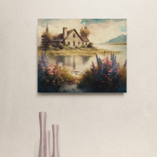 Toile Maison de lac à la campagne - Peinture à l'huile