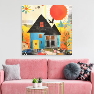 Toile Maison en collage de pièces et de textures