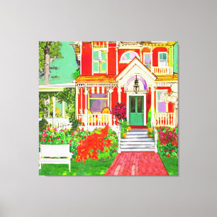 Toile Maison victorienne rouge avec porche enveloppant