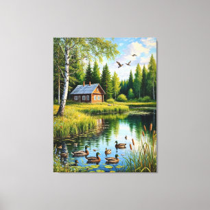 Toile Maisonnette sereine au bord d'un étang forestier a
